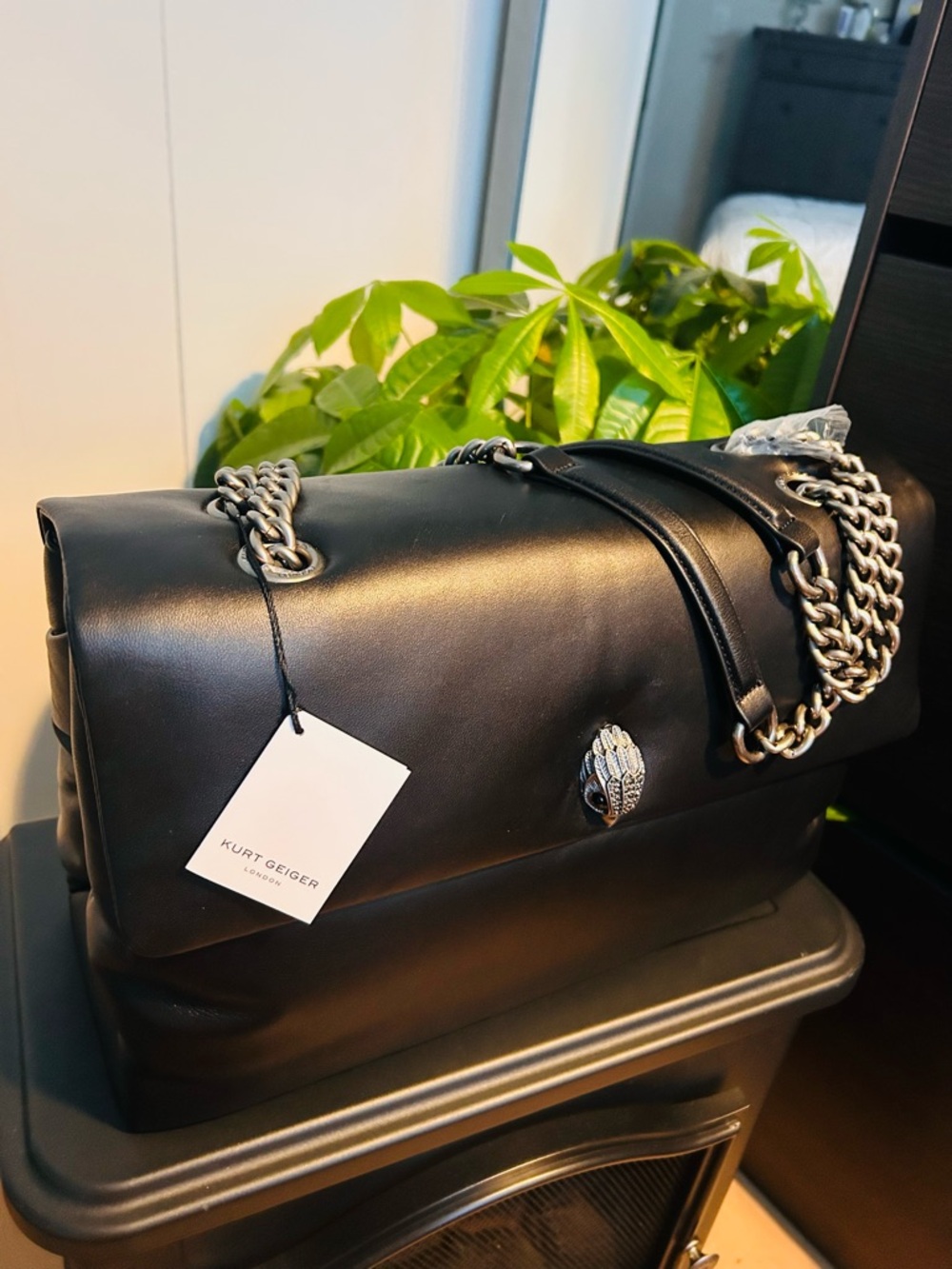 KURT GEIGER LONDON Shoulder Bag Black Silver Accent Leather XL New/Tags $799
